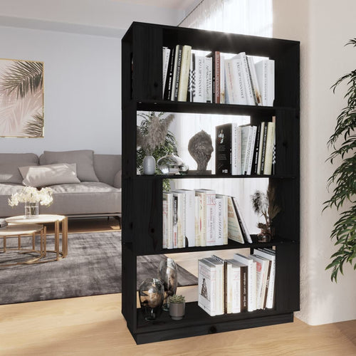 Bibliotecă/Separator cameră, negru, 80x25x132 cm lemn masiv pin Lando