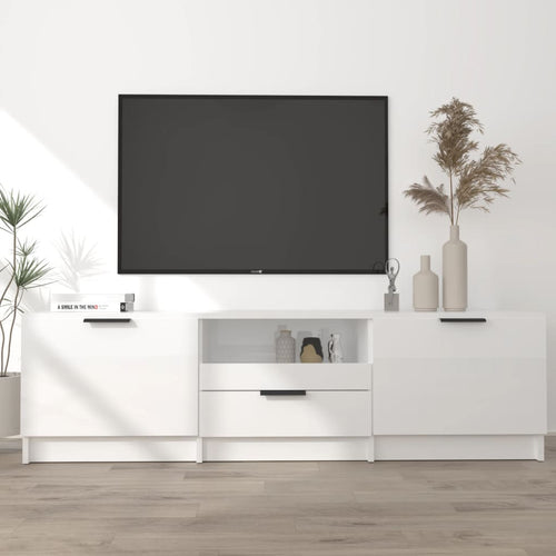 Comodă TV, alb extralucios, 140x35x40 cm, lemn prelucrat Lando