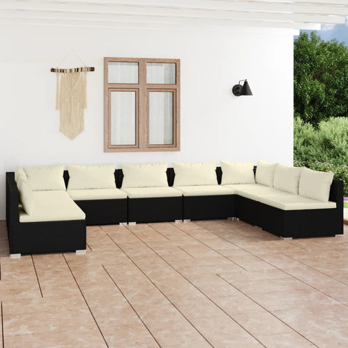 Set mobilier de grădină cu perne, 9 piese, negru, poliratan