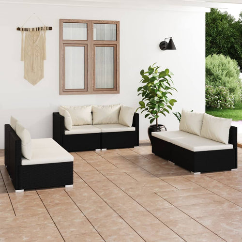 Set mobilier de grădină cu perne, 6 piese, negru, poliratan