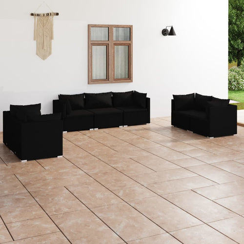 Set mobilier de grădină cu perne, 7 piese, negru, poliratan