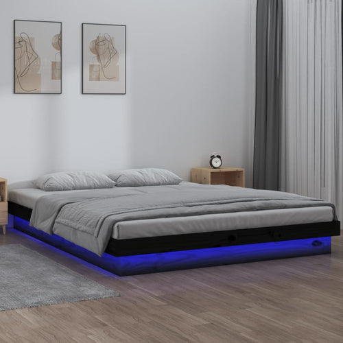 Cadru pat LED King Size, negru, 150x200 cm, lemn masiv