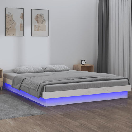 Cadru de pat cu LED, alb, 160x200 cm, lemn masiv