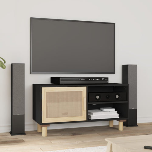 Comodă TV, negru, 80x30x40 cm, lemn masiv pin și ratan natural Lando
