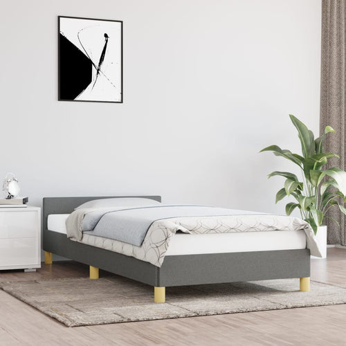 Cadru de pat cu tăblie, gri închis, 90x190 cm, textil