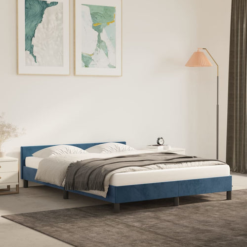 Cadru de pat cu tăblie, albastru închis, 140x190 cm, catifea