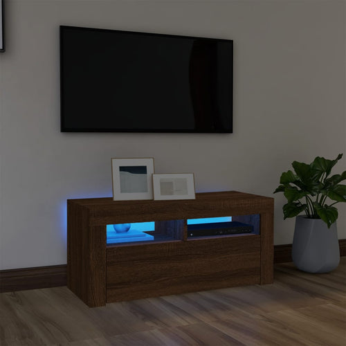 Comodă TV cu lumini LED, stejar maro, 90x35x40 cm Lando