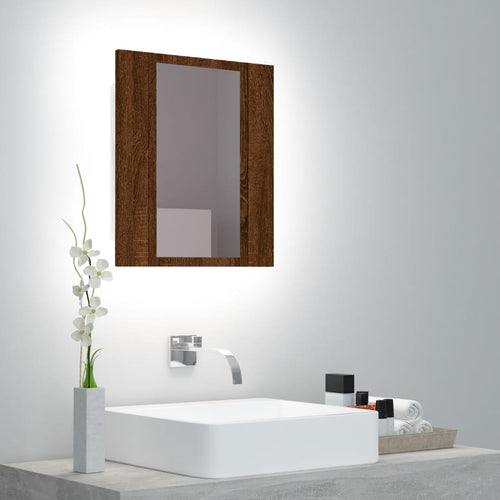 Dulap cu oglindă de baie LED, stejar maro, 40x12x45 cm, lemn Lando
