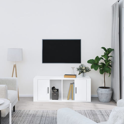 Comodă TV, alb extralucios, 100x35x40 cm, lemn prelucrat Lando