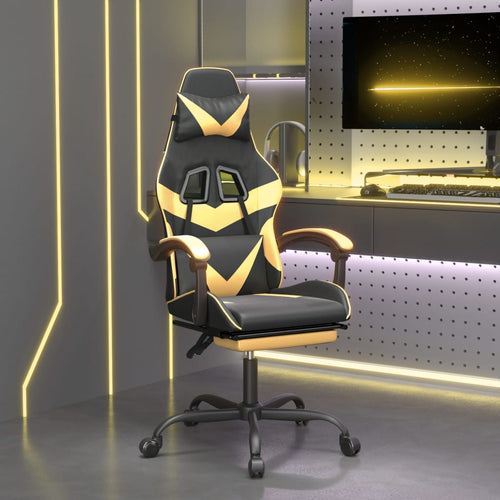 Scaun de gaming cu suport picioare negru/auriu, piele ecologică Lando