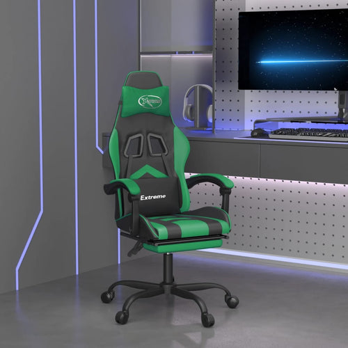 Scaun de gaming cu suport picioare negru/verde, piele ecologică Lando