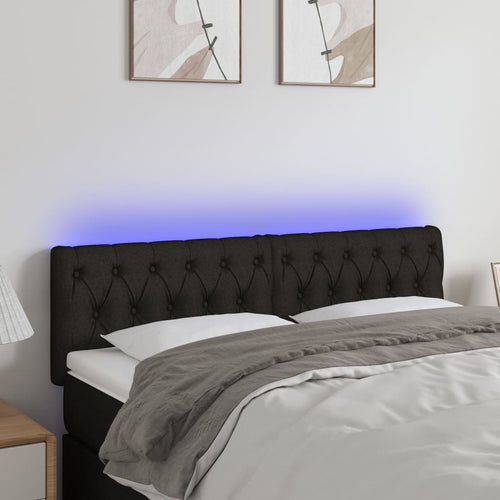 Tăblie de pat cu LED, negru, 144x7x78/88 cm, textil