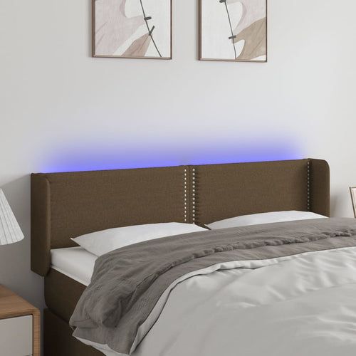 Tăblie de pat cu LED, maro închis, 147x16x78/88 cm, textil