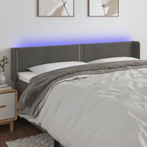 Tăblie de pat cu LED, gri închis, 163x16x78/88 cm, catifea