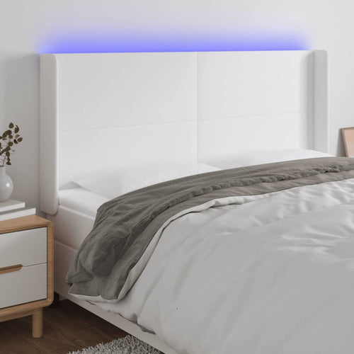 Tăblie de pat cu LED, alb, 203x16x118/128 cm, piele ecologică