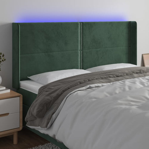 Tăblie de pat cu LED, verde închis, 203x16x118/128 cm, catifea