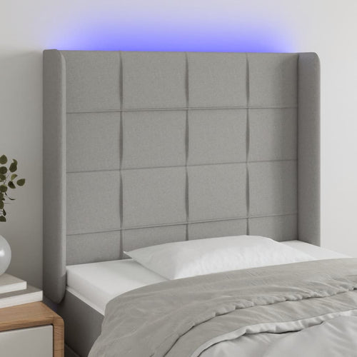 Tăblie de pat cu LED, gri deschis, 83x16x118/128 cm, textil