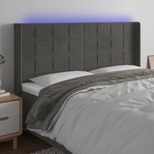 Tăblie de pat cu LED, gri închis, 203x16x118/128 cm, catifea