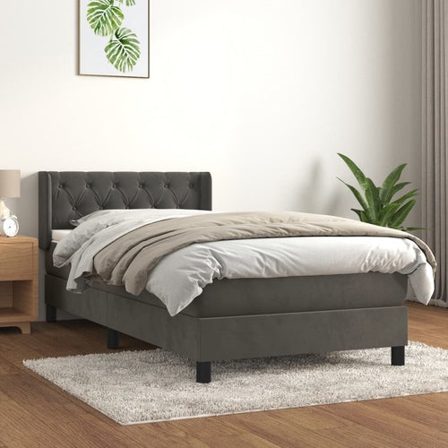 Pat box spring cu saltea, gri închis, 80x200 cm, catifea