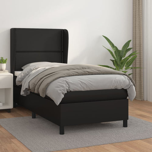 Pat continental cu saltea, negru, 80x200 cm, piele ecologică