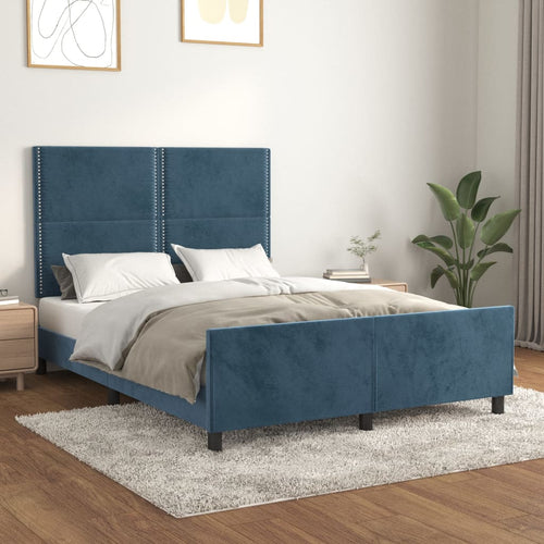 Cadru de pat cu tăblie, albastru închis, 140x190 cm, catifea