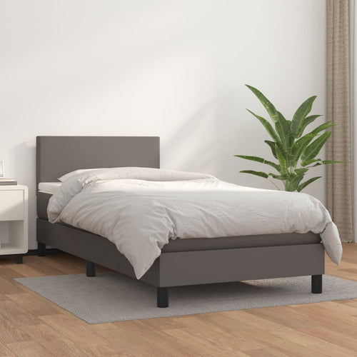 Pat box spring cu saltea, gri, 80x200 cm, piele ecologică