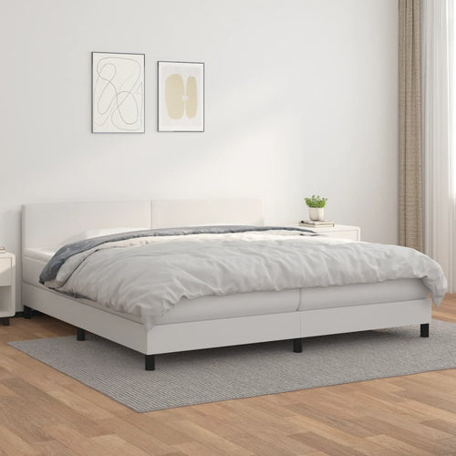 Pat box spring cu saltea, alb, 200x200 cm, piele ecologică