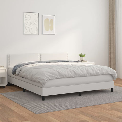 Pat box spring cu saltea, alb, 160x200 cm, piele ecologică