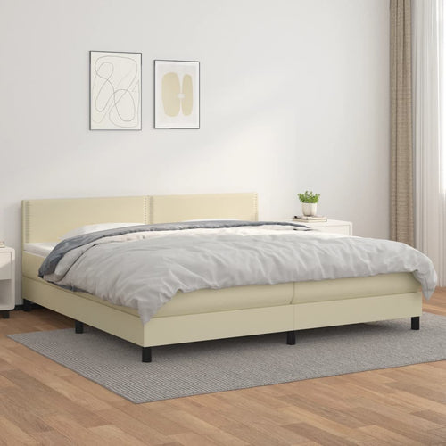 Pat continental cu saltea, crem, 200x200 cm, piele ecologică