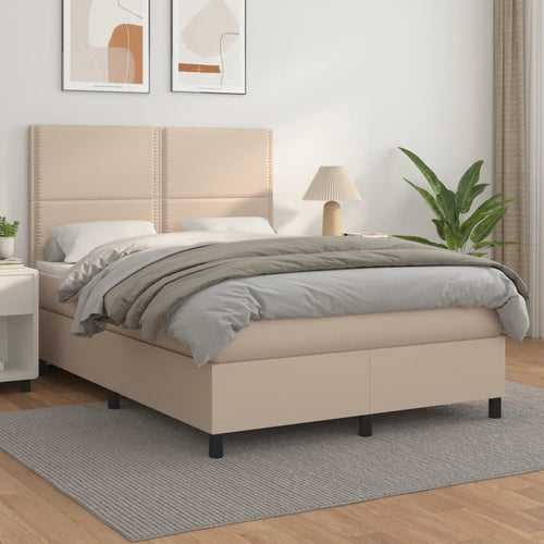 Pat box spring cu saltea, cappuccino, 140x200cm piele ecologică