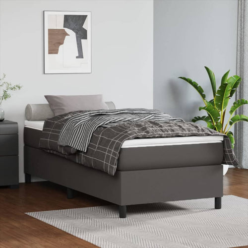 Pat box spring cu saltea, gri, 90x190 cm, piele ecologică