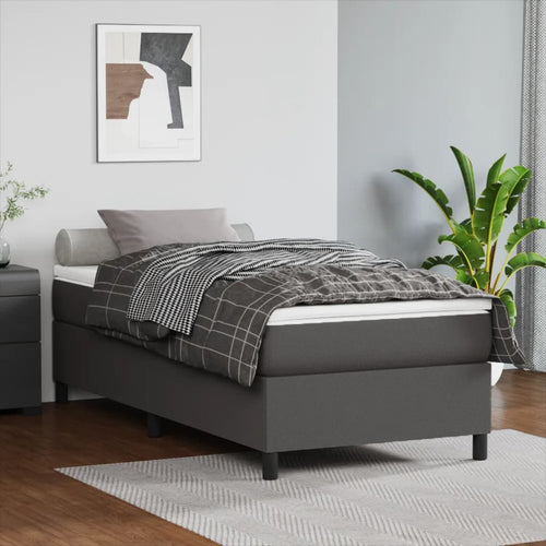 Pat box spring cu saltea, gri, 90x200 cm, piele ecologică