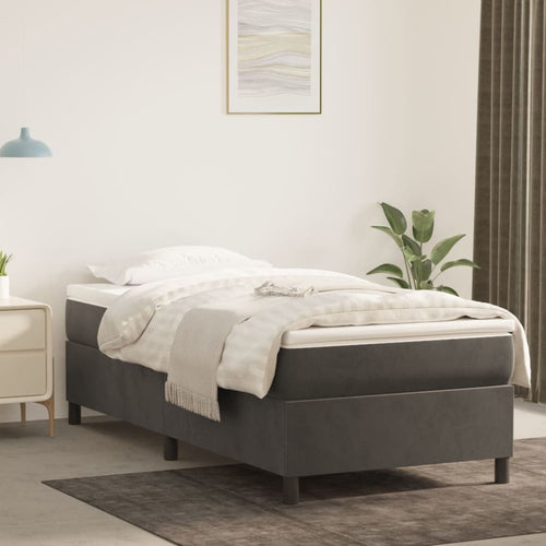 Pat box spring cu saltea, gri închis, 90x190 cm, catifea