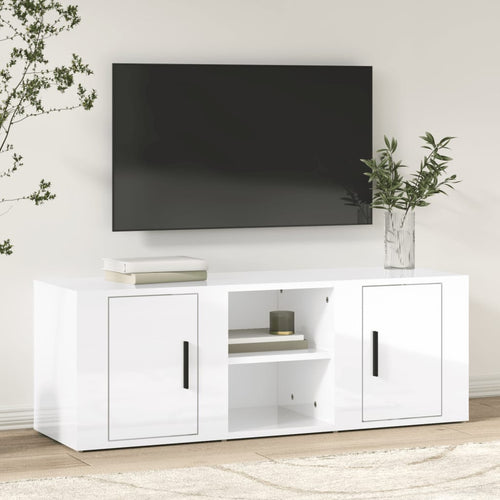 Comodă TV, alb extralucios, 100x31,5x35 cm, lemn prelucrat Lando