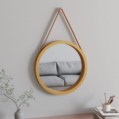 Oglindă de perete cu o curea, auriu, Ø 55 cm Lando