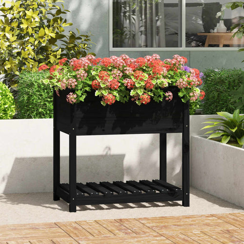 Jardinieră cu raft, negru, 82,5x54x81 cm, lemn masiv de pin Lando