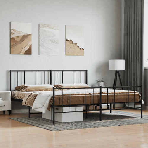 Cadru pat metalic cu tăblii de cap/picioare, negru, 193x203 cm