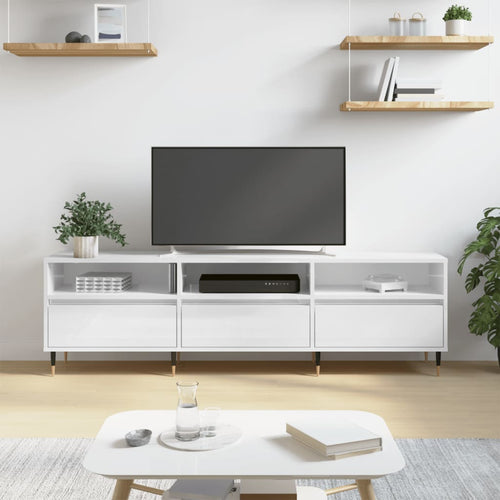 Comodă TV, alb extralucios, 150x30x44,5 cm, lemn prelucrat Lando