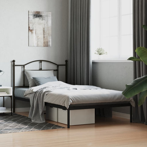 Cadru de pat din metal cu tăblie, negru, 107x203 cm