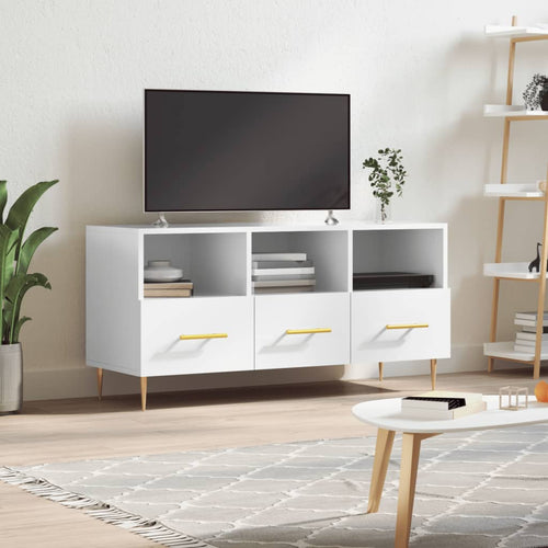 Comodă TV, alb extralucios, 102x36x50 cm, lemn prelucrat Lando