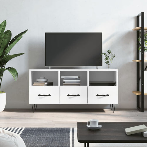 Comodă TV, alb extralucios, 102x36x50 cm, lemn prelucrat Lando