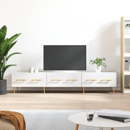 Comodă TV, alb extralucios, 150x36x30 cm, lemn prelucrat Lando