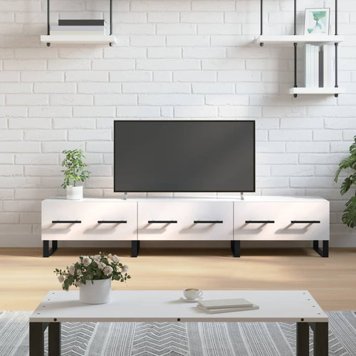 Comodă TV, alb extralucios, 150x36x30 cm, lemn prelucrat Lando