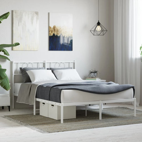 Cadru de pat metalic cu tăblie, alb, 140x190 cm