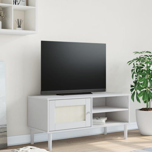 Comodă TV SENJA aspect ratan alb, 106x40x49 cm, lemn masiv pin