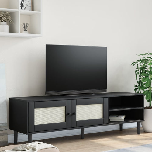 Comodă TV SENJA aspect ratan negru, 158x40x49cm, lemn masiv pin