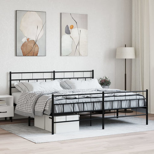 Cadru pat metalic cu tăblii de cap/picioare, negru, 183x213 cm