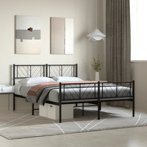 Cadru pat metalic cu tăblie de cap/picioare, negru, 120x200 cm