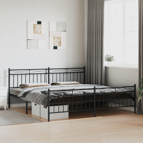 Cadru pat metalic cu tăblii de cap/picioare, negru, 193x203 cm