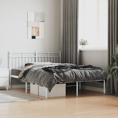 Cadru de pat metalic cu tăblie, alb, 135x190 cm